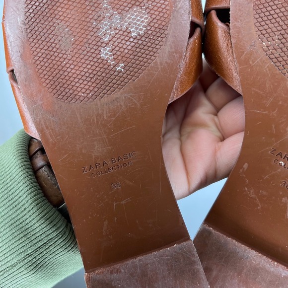 ZARA BASIC Brown Leather Braided Flat Slide Sandals EU 38 US 7.5 Women - Picture 5 of 6